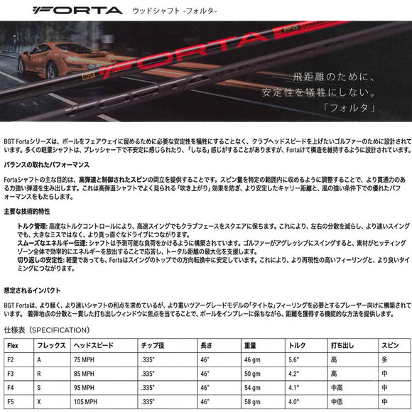 ONOFF オノフ AKA KUROドライバー対応 スリーブ付シャフト BGT Forta フォルタ 軽量 高弾道 低スピン 安定性 飛距離アップ 高初速 日本正規品