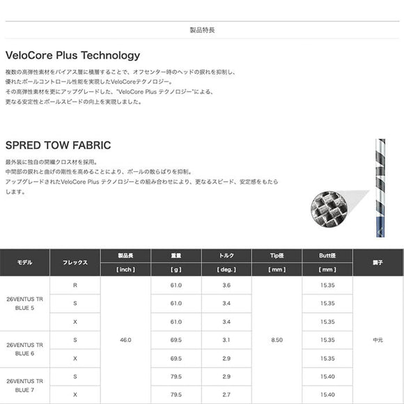 クーポン対象商品 フジクラ Fujikura 26 VENTUS TR BLUE ベンタス TR ブルー VeloCore Plus 中元調子 高安定 初速 弾道 単品販売不可 リシャフト時別途工賃必要
