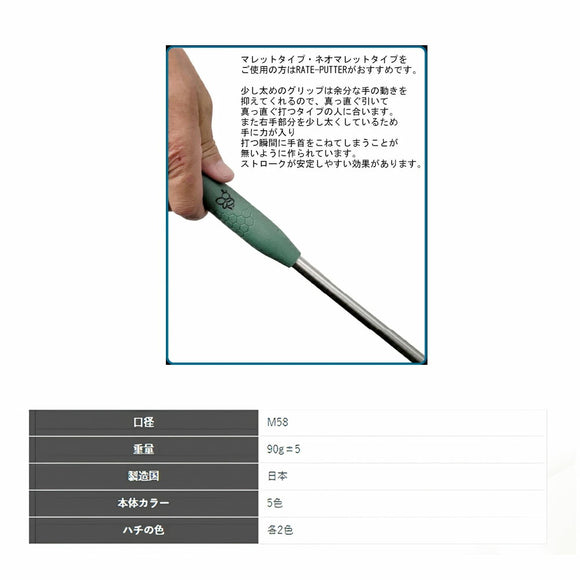 HONEY GRIP ハニーグリップ RATE PUTTER パター用グリップ 90g M58 バックライン無 マレット ネオマレット対応 安定ストローク 方向性向上 エラストマー素材