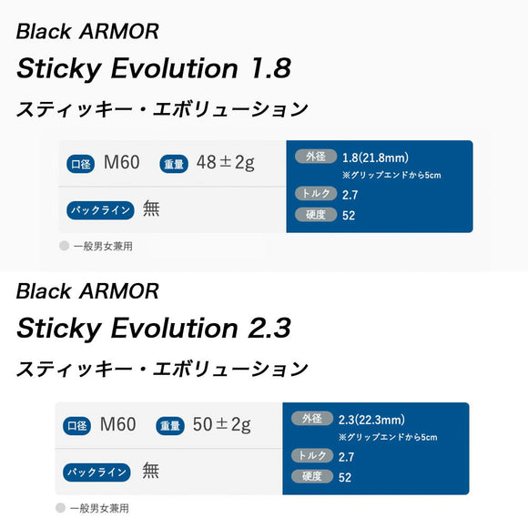 イオミック IOMIC Black ARMOR Sticky Evolution 2.3／1.8 ブラック バックライン無 グリップ 安定感 粘着力 飛距離 操作性 スティッキー エボリューション