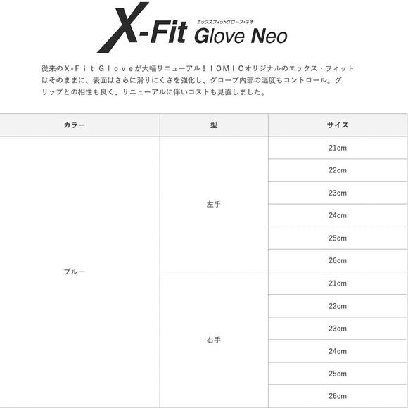 IOMIC X-Fit Glove Neo ブルー ゴルフグローブ エックスフィットグローブネオ 滑りにくい 雨 汗対応 薄型合成皮革 メンズ レディース ゴルフ手袋 全天候型