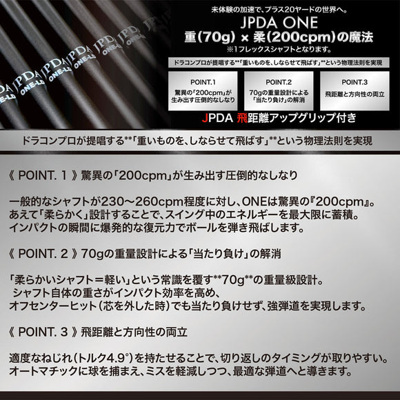 クーポン対象商品 JPDA ONE ワン ドラコン発想 飛距離特化型 超柔設計 加速体験 方向性安定 専用重量グリップ付 単品販売不可 リシャフト工賃別途必要
