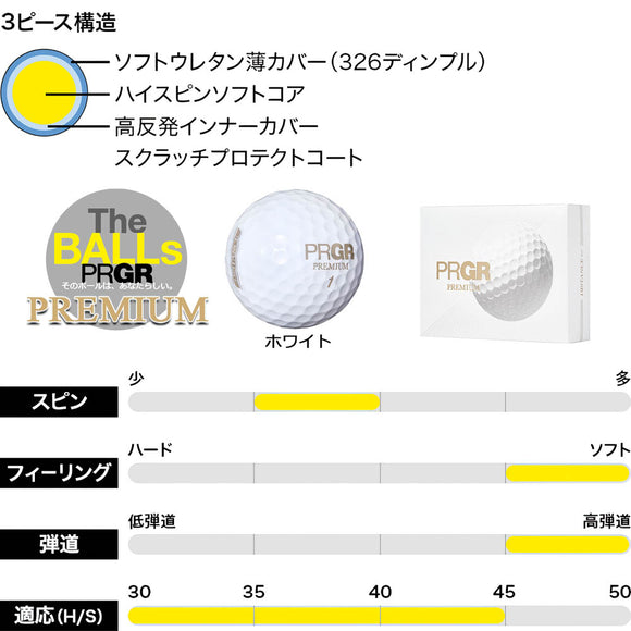 PRGR PREMIUM 1ダース12個 PYH-400 飛距離とソフトフィーリング追求 プレミアムディスタンスボール 高反発スーパーソフトラージコア採用の3ピース構造 ホワイト