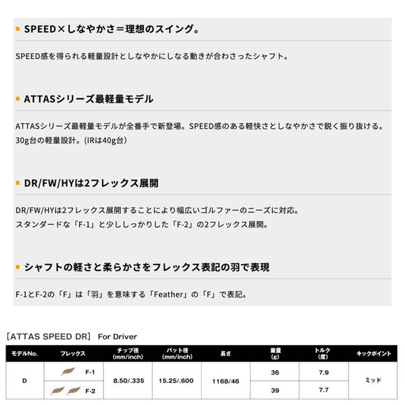 USTマミヤ ATTAS SPEED アッタス スピード シャフト 最軽量設計 高速スイング 単品販売 リシャフト時工賃別途必要